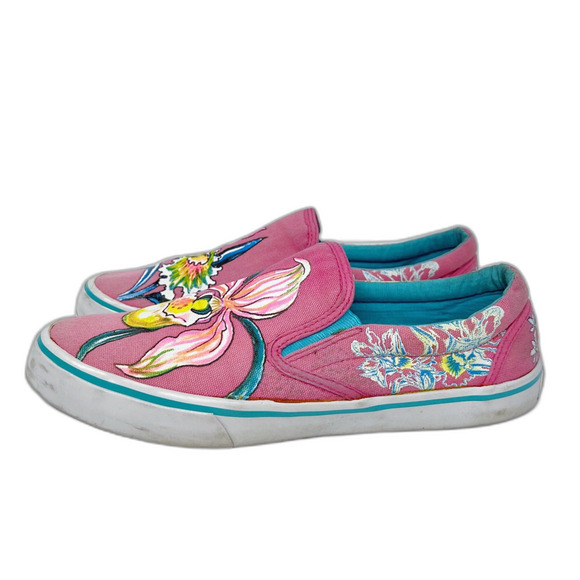 y2k Vintage Ed Hardy Pink Flower Orchid Painted Slip On Sneakers Size 10 - Picture 3 of 11